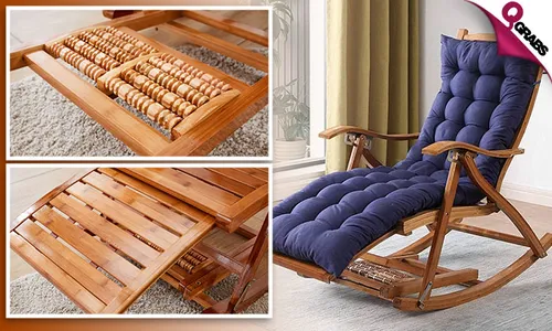 Bamboo Recliner Rocking Chair with Cushion & Footrest Massage Plate!